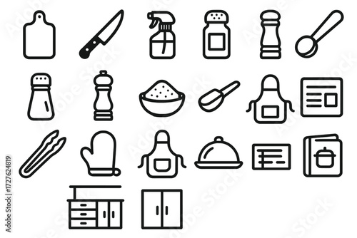 Kitchen Icons Set. Kitchen setup icons in outline style: cutting board, knife, oil spray bottle, seasoning jar, salt shaker, pepper grinder, spice