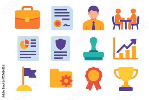 Business Success Icons. Business profit margin in modern flat vector : briefcase, contract paper, supervisor figure, meeting table, report sheet,