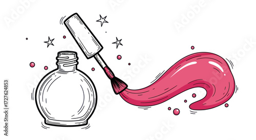 Artistic Illustration of Pink Nail Polish Bottle and Brush.