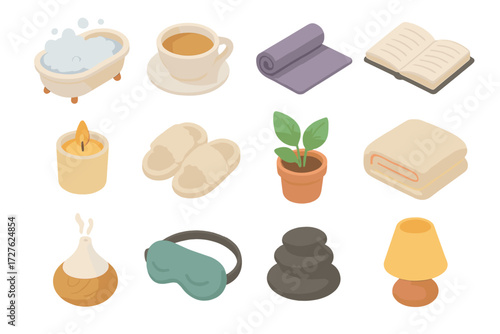 Relaxation Icon Collection. Relaxation time set icons in modern isometric flat : bubble bath, tea cup, yoga mat, open book, scented candle, slippers,