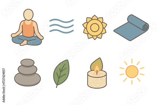 Isometric Yoga Icon Set. Mindful yoga set set icons in modern isometric flat : meditating figure, breathing waves, chakra symbol, yoga mat, balance