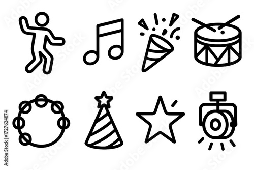 Party Celebration Icons. Celebration dance icons in outline style: dancing figure, musical note, confetti, drum, tambourine, party hat, sparkling
