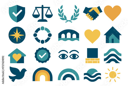 Symbols of Trust Icons. Symbols of trust set of icons in abstract flat : shield check, balance scale, laurel wreath, promise ribbon, guiding star,
