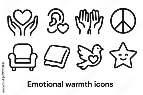 Emotional Warmth Icons. Emotional warmth icons in outline style: tenderness, listening ear, raised hands, peace symbol, comfort chair, blanket, dove,