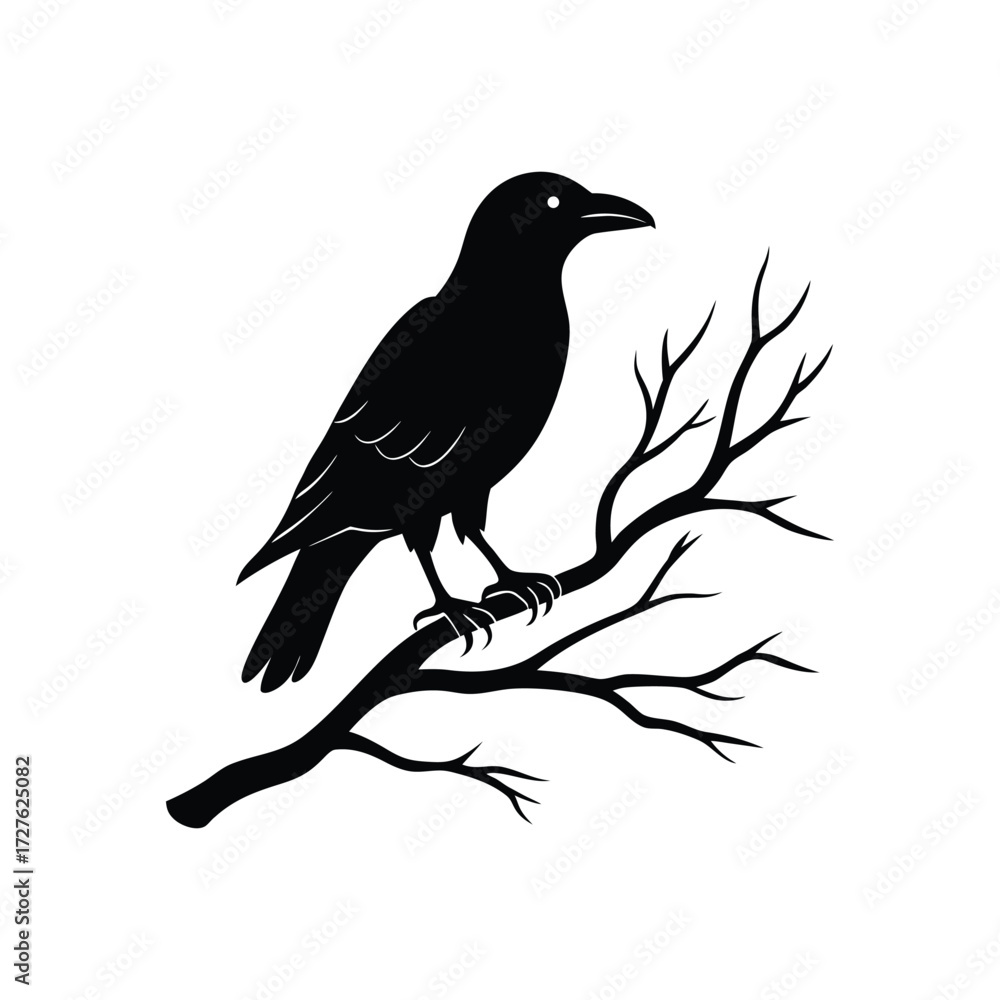 Obraz premium mysterious raven bird sitting on bare tree branch silhouette vector art illustration