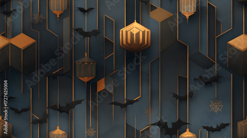 Halloween geometric background with golden lanterns bats and spider webs in art deco style  © Володимир Кучмійов