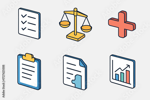 Isometric Objects Icons. Objects set icons in modern isometric flat : checklist, balance scale, plus sign, minus sign, clipboard, document, puzzle
