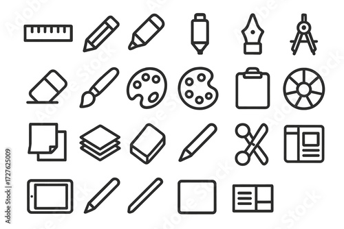 Design Tool Icons. Design tools icons in outline style: ruler, pencil, marker, ink pen, eraser, brush, paint palette, drafting compass, sticky notes,