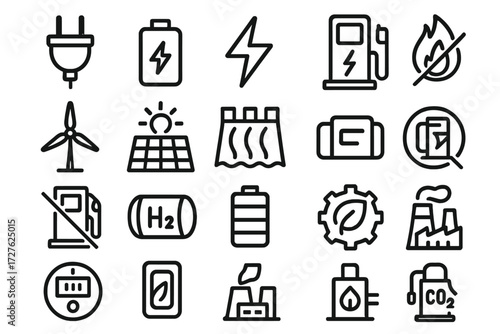 Energy Transition Icons. Energy transition icons in outline style: power plug, battery, lightning bolt, charging station, renewable turbine, solar