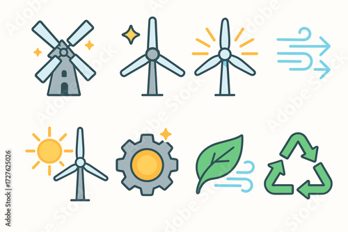 Isometric Renewable Energy Icons. Symbols set icons in modern isometric flat : windmill with sparkles, turbine with star, blades with rays, wind with