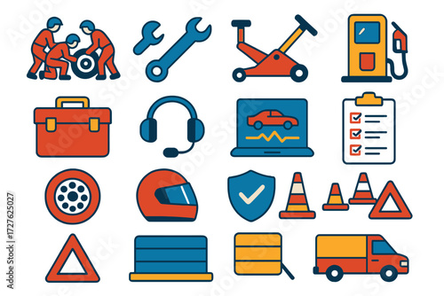 Pit Crew Essentials. Teamwork & service in modern flat vector : pit crew, wrench, jack lift, gas pump, toolbox, communication headset, laptop