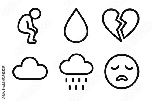 Emotional Icon Set. Emotional state icons in outline style: sad slump, tear drop, broken heart, cloud, rain, sigh face
