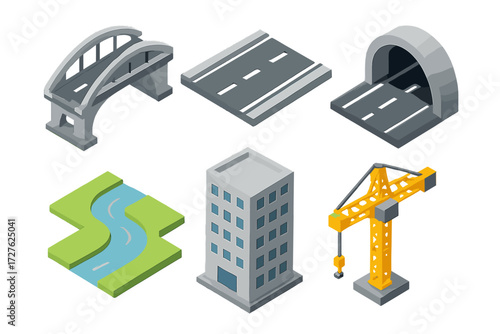 Isometric Infrastructure Icons. Infrastructure set icons in modern isometric flat : bridge link, road, tunnel, river, building, crane