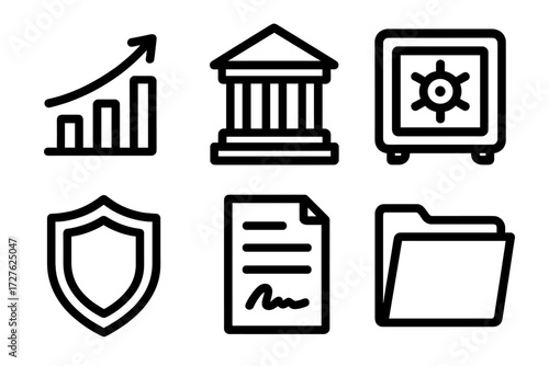 Investment Tools Icons. Investment tools icons in outline style: scalable gains, bank building, safe box, shield, contract paper, folder