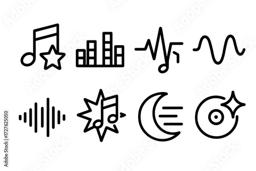 Musical Symphony Symbols. Symbols icons in outline style: music note with star, equalizer bars, heartbeat line with note, neon wave, soundwave icon,