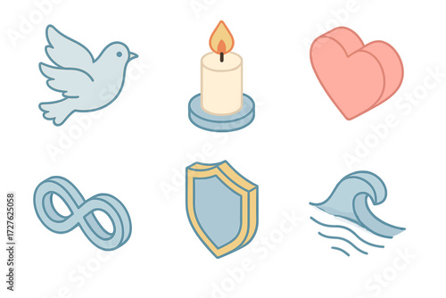 Faith Icons Collection. Faith & trust set icons in modern isometric flat : dove, candle, heart, infinity loop, shield, calm wave
