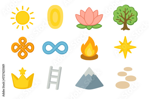 Isometric Symbol Icons. Symbolic understanding set icons in modern isometric flat : radiant sun, glowing aura, lotus flower, tree of life, harmony