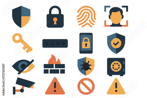 Security Icon Set. Security basics set of icons in abstract flat : shield, padlock, fingerprint, face scan, key, password dots, two-factor phone,