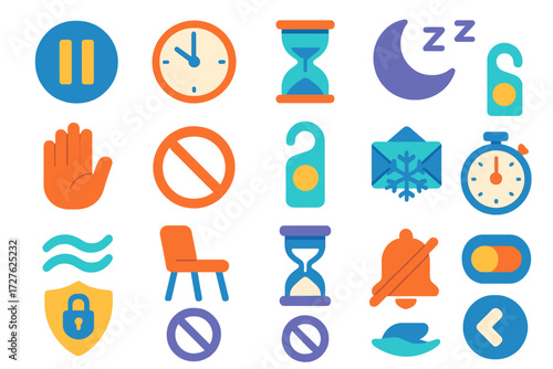 Minimalist Pause Icons. Pause mode in modern flat vector : pause button, clock icon, sand timer, snooze moon, hand stop sign, blocked circle, do not