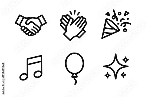 Celebration Icon Set. Celebration icons in outline style: mutual respect, clapping hands, confetti, music note, balloon, sparkle