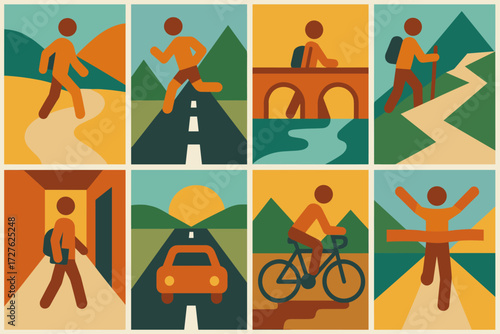 Icons of Active Journeys. Situations set of icons in abstract flat : person walking on trail, person running on road, traveler on bridge, hiker on