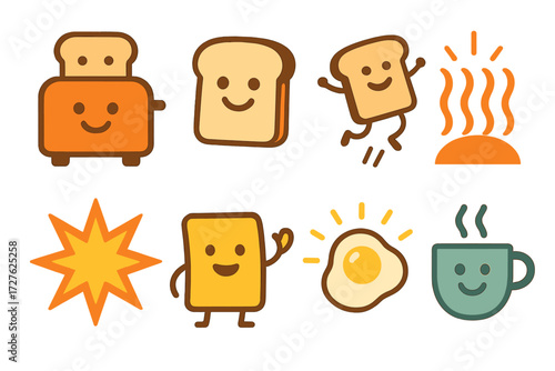 Playful Toaster Icons. Playful toaster symbols set of icons in abstract flat : smiling toaster, happy bread slice, jumping toast, glowing heat, comic