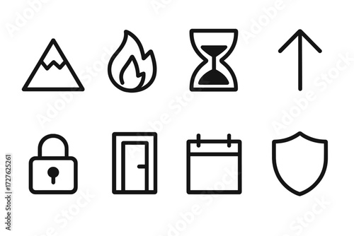 Work Intensity Icons. Work intensity icons in outline style: mountain peak, flame spark, hourglass, upward arrow, locked padlock, closed door,