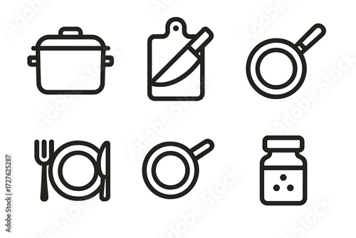Kitchen Tool Icons. Kitchen routine icons in outline style: cooking pot, cutting board, knife, frying pan, plate with fork, spice jar