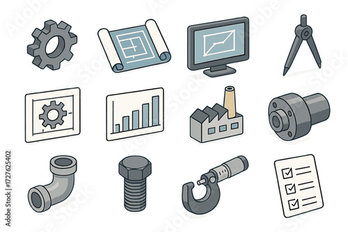 Isometric Engineering Icons. Engineering caliper use set icons in modern isometric flat : gear wheel, blueprint, CAD screen, drafting compass,