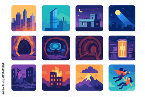Futuristic Skyline Icons. Scenes and settings in modern flat vector : city skyline, skyscraper, rooftop, night sky, spotlight beam, cave entrance,