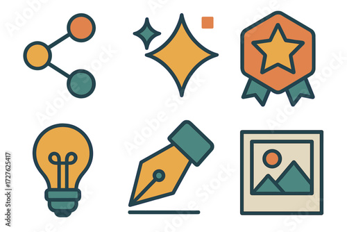 Icon Set. Creative set set of icons in abstract flat : share icon, sparkle, star badge, lightbulb, pen, photo frame