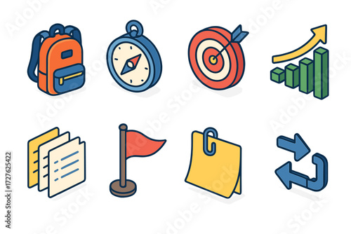 Preparedness Icon Set. Preparedness icons set icons in modern isometric flat : backpack, compass, target arrow, rising graph, layered tasks, priority