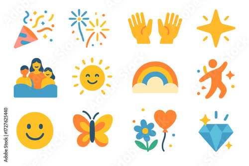 Joyful Celebration Icons. Joyful vibes in modern flat vector : confetti, fireworks, raised hands, clapping hands, happy family, harmony wave, smiling