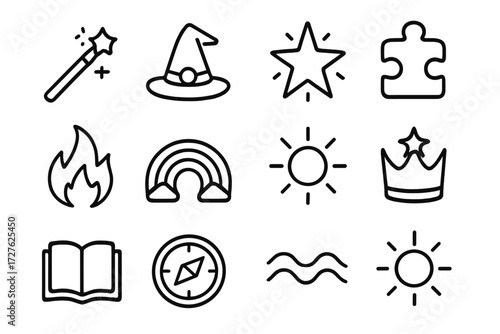 Wizard Icon Collection. Creative setup wizard icons in outline style: magic wand, wizard hat, glowing star, puzzle piece, storytelling flame, rainbow