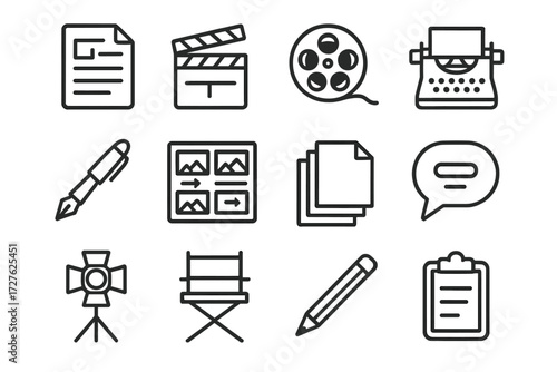 Film Script Icons. Basic film script icons in outline style: script document, clapperboard, film reel, typewriter, fountain pen, storyboard, paper