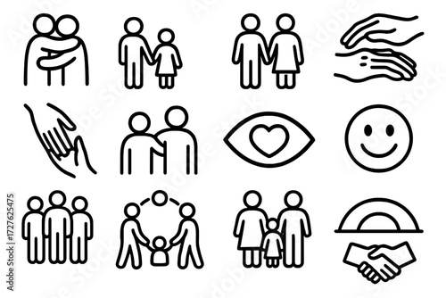 Connection Icons Collection. Human connection icons in outline style: hug figures, parent and child, couple holding hands, elderly hand, helping hand