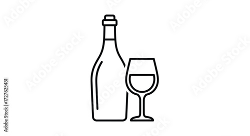 Simple Black and White Wine Bottle and Glass Icon.