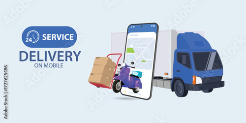 Men delivery service courier and truck shipping 