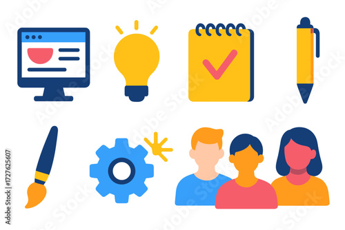 Creative Process Icons. Creative process in modern flat vector : landing page, lightbulb, notepad, pen, paintbrush, gear, spark, teamwork avatars.