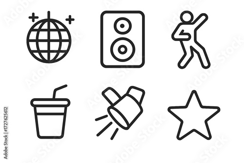 Party Vibes Icons. Party mood icons in outline style: disco ball, bass speaker, dance move, spotlight, drink cup, star