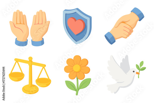 Trust and Care Icons. Trust & care set icons in modern isometric flat : open hands, shield with heart, helping hand, dove, balanced scale, flower