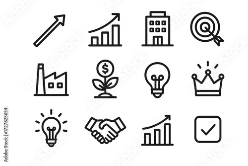 Business Growth Icons. Business growth sharing icons in outline style: upward arrow, rising graph, office building, factory, growth plant with coin,