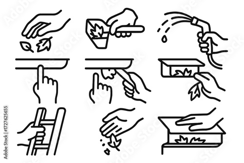 Gutter Maintenance Gestures. Gestures icons in outline style: hand removing leaves, hand holding gutter scoop, hand spraying hose, hand pointing at