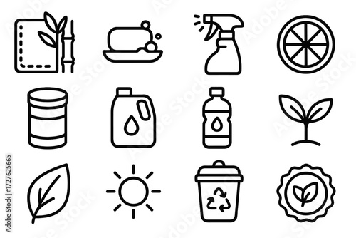 Eco Cleaning Icons. Eco-friendly wipe down icons in outline style: bamboo cloth, natural soap bar, vinegar spray, lemon slice, baking soda, refill