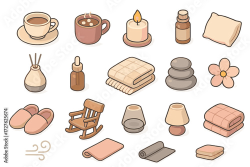 Relaxation Icons Set. Relaxation items set icons in modern isometric flat : tea cup, hot cocoa mug, candle flame, incense stick, aroma diffuser,