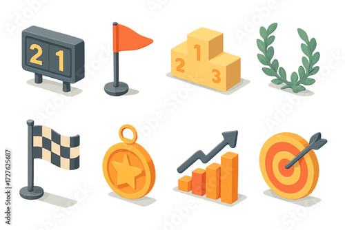Isometric Competition Icons. Competition set set icons in modern isometric flat : scoreboard, flag marker, podium, laurel wreath, checkered flag, star
