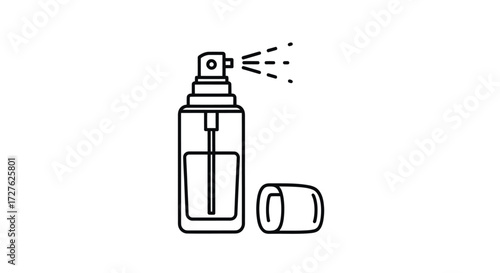 Line art illustration of a spray bottle dispensing liquid.
