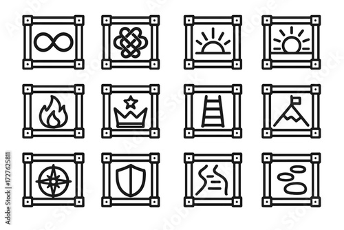 Iconic Symbols Collection. Symbolic cargo crate icons in outline style: infinity loop, harmony knot, sunrise horizon, radiant sun, glowing aura,