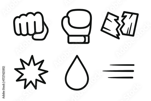 Iconic Fight Symbols. Fight icons icons in outline style: punch fist, boxing glove, broken board, impact burst, sweat drop, speed lines