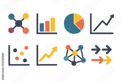 Data Icons. Data visualization set of icons in abstract flat : affinity graph, bar chart, pie chart, line chart, scatter plot, rising graph, network